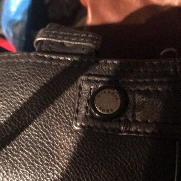 Michael Kors Leather Satchel Shoulder Bag Tote Pocket Logo Minimalist Black Grey - Picture 12 of 16